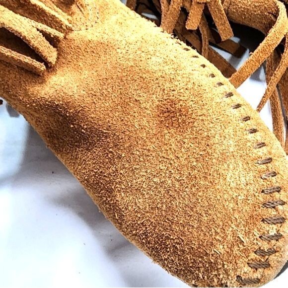 Minnetonka 3 Layer Fringe Genuine Leather Brown Mid Calf Moccasin Boots Size 6 - Picture 7 of 8